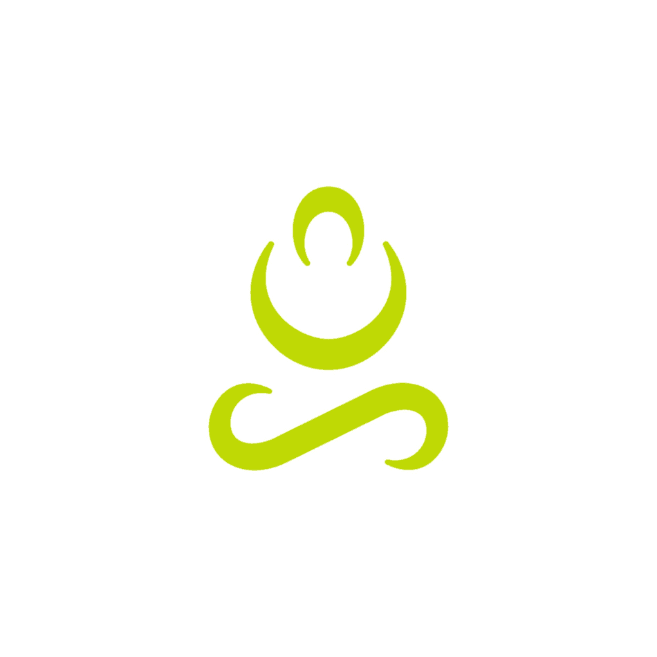 Green abstract logo resembling a meditating figure on a white background.