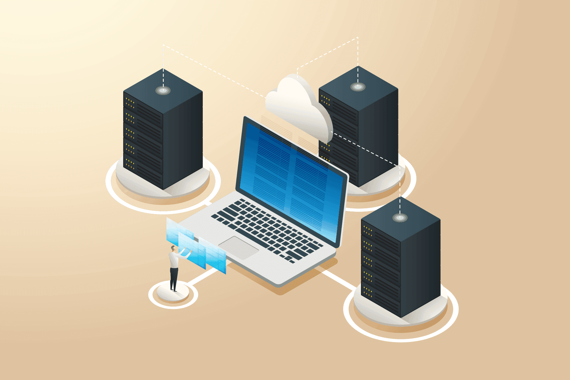 Illustration of a laptop connected to servers via cloud technology, with a person interacting digitally.